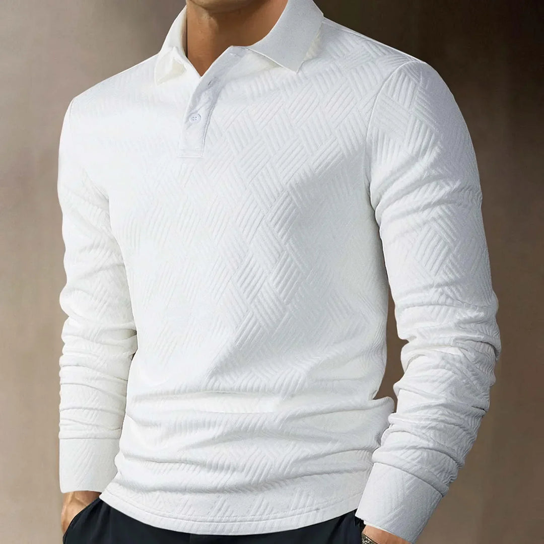 Męska koszulka polo z długim rękawem, teksturowany dzianinowy, elegancki casual