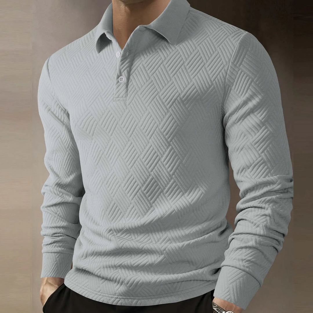 Męska koszulka polo z długim rękawem, teksturowany dzianinowy, elegancki casual