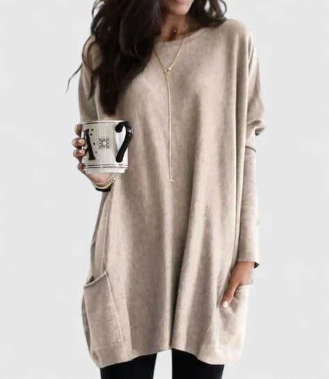 Damski sweter tunika w stylu longline – Luźny fason z długim rękawem i kieszeniami na co dzień