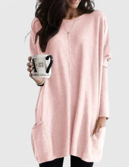 Damski sweter tunika w stylu longline – Luźny fason z długim rękawem i kieszeniami na co dzień