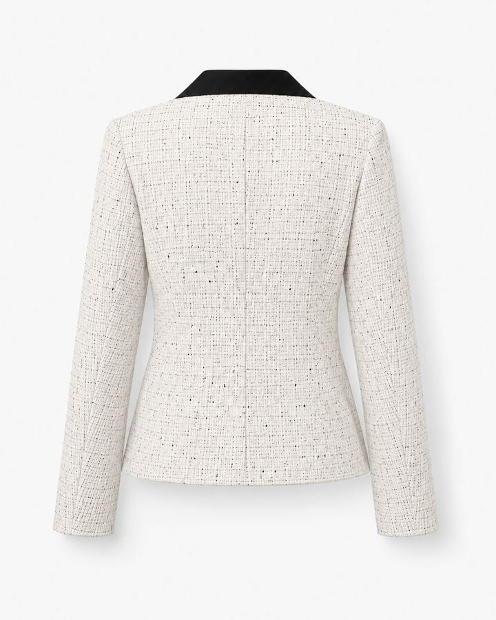 Kurtka w stylu tweed – warstwowa kurtka z kontrastowym kołnierzem na biuro i smart casual
