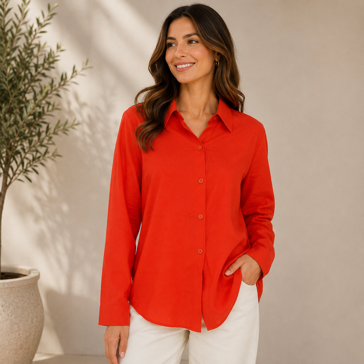 Kobieca Klasyczna Bluzka na Guziki – Luźna Koszula z Długim Rękawem do Biura i Codziennego Użytku