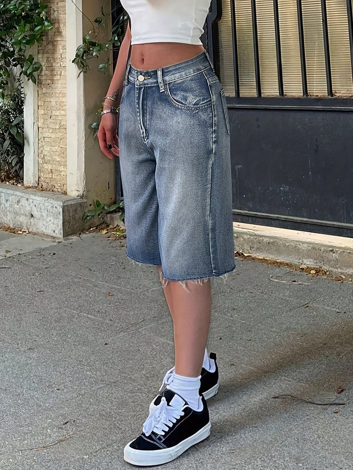 Damskie szorty dżinsowe Jorts w luźnym kroju, wysoki stan, szerokie nogawki, długość do kolan, casual