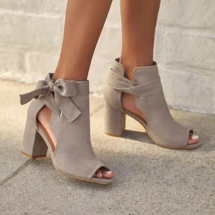 Damskie Botki Peep Toe z Kokardą na Słupku