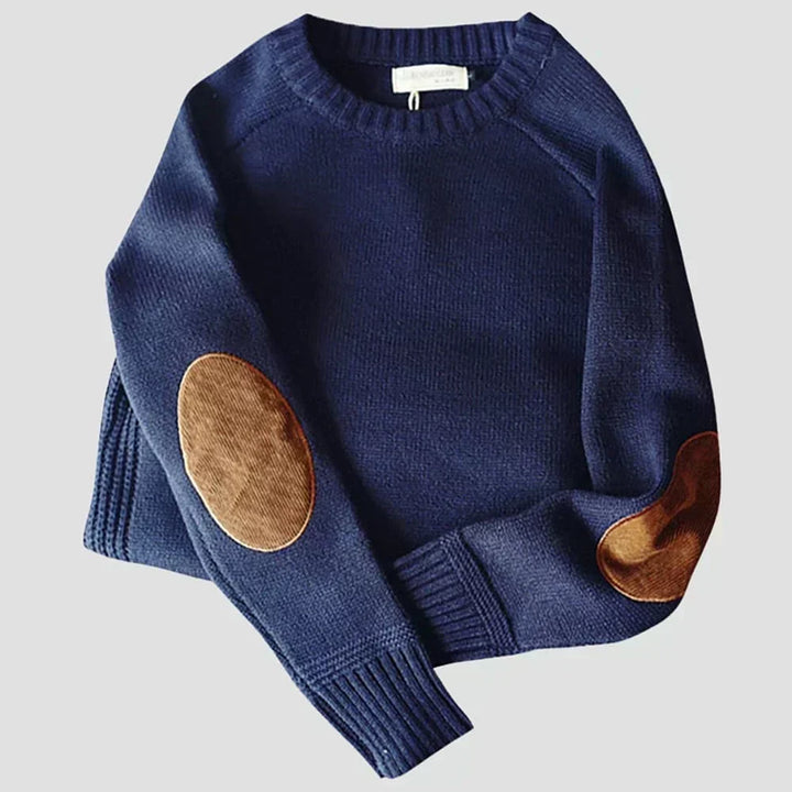 Męski ciepły sweter z okrągłym dekoltem i łokciowymi łatami – Luźny zimowy sweter do biura i na weekend