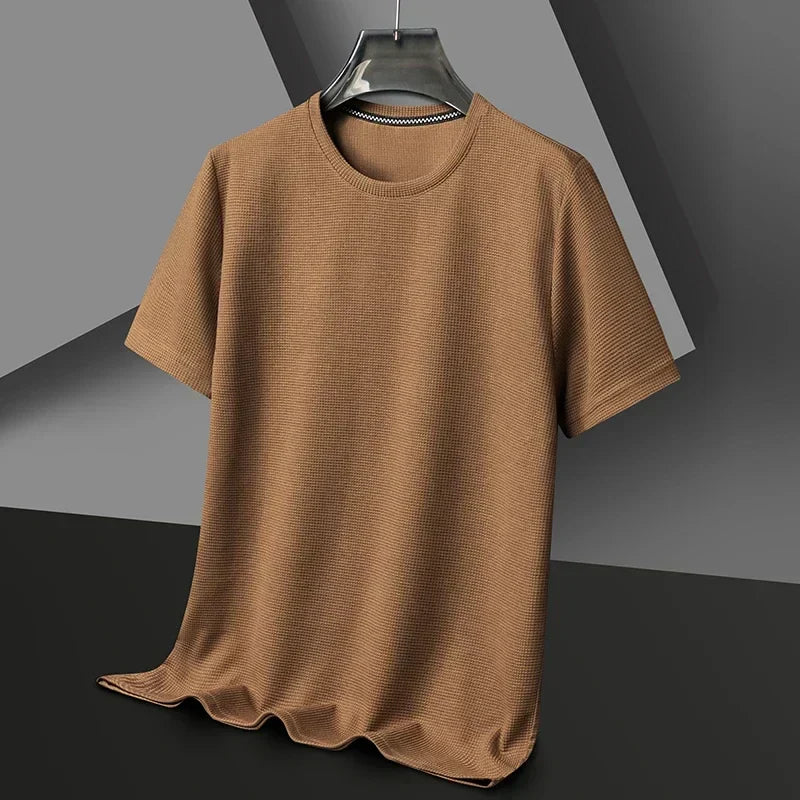 Męska T-shirt z teksturowanym dekoltem okrągłym, krótki rękaw