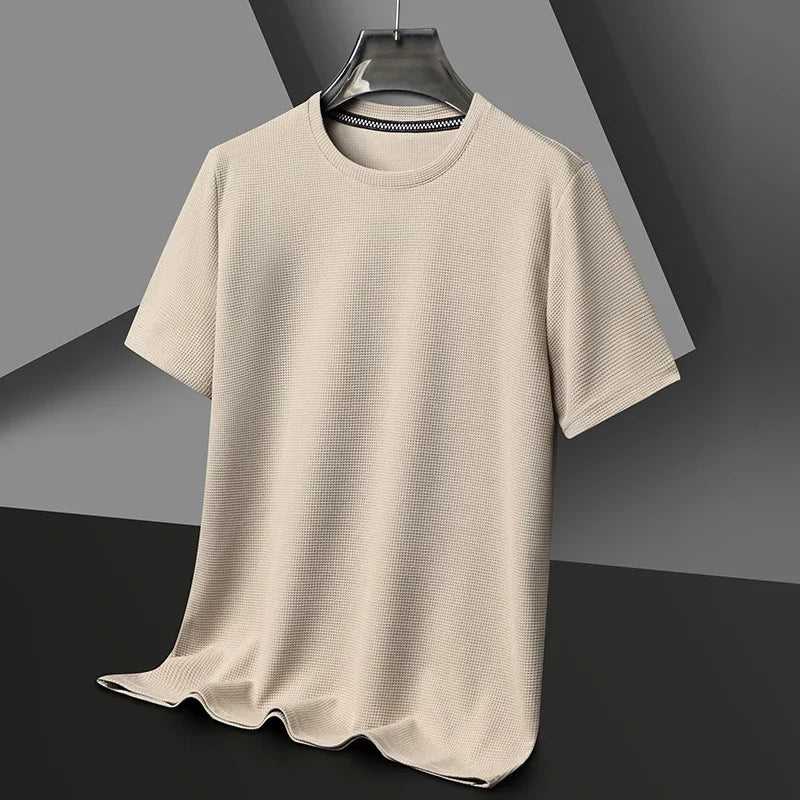 Męska T-shirt z teksturowanym dekoltem okrągłym, krótki rękaw