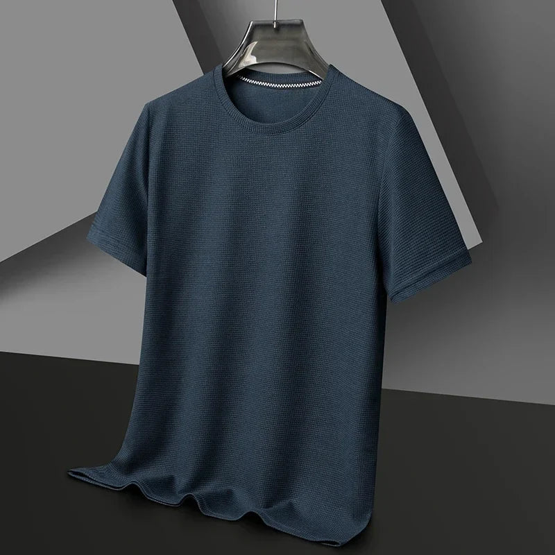 Męska T-shirt z teksturowanym dekoltem okrągłym, krótki rękaw