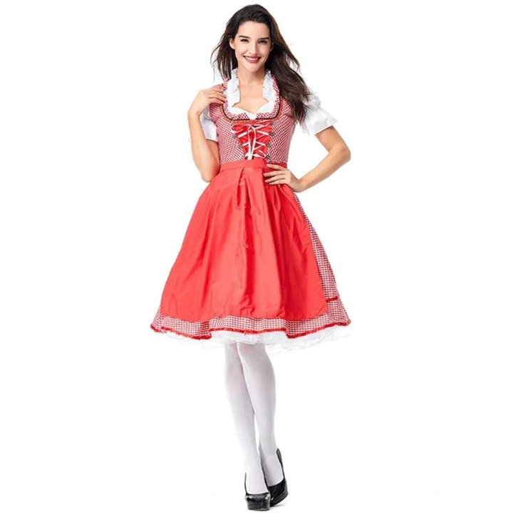 Kobiece Tradycyjne Dirndl – Sukienka Festiwalowa z Koronką na Przodzie i Pełnym Fartuchu