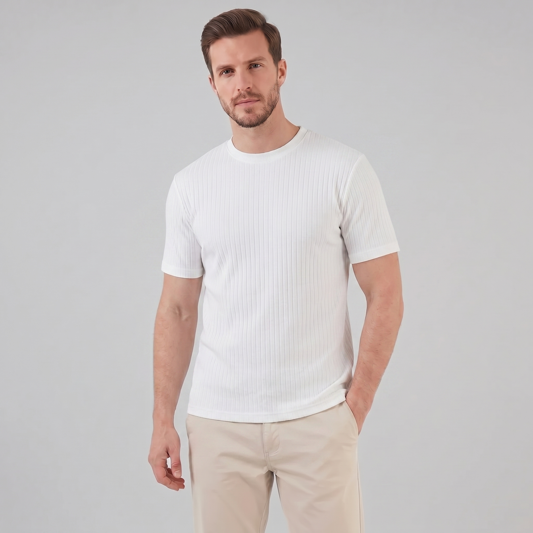 Męska T-shirt z prążkowanym wzorem, klasyczny krój, slim fit