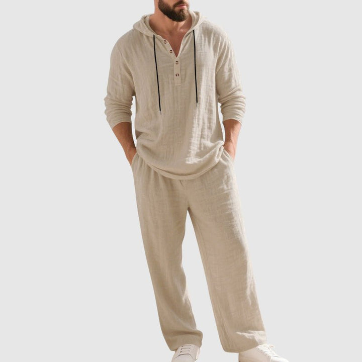 Męski Zestaw Loungewear z Lnu z Kapturem – Oddychający Top Henley i Spodnie z Troczkami na Wiosnę i Lato