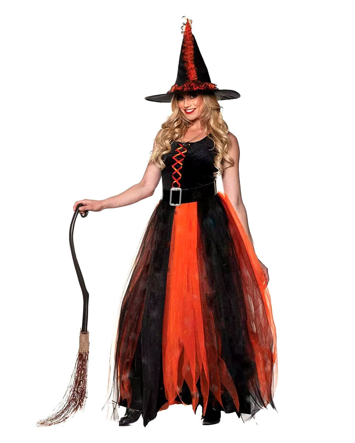 Kostium Czarownicy w Kolorze Czarno-Pomarańczowym z Kapeluszem i Paskiem na Halloween