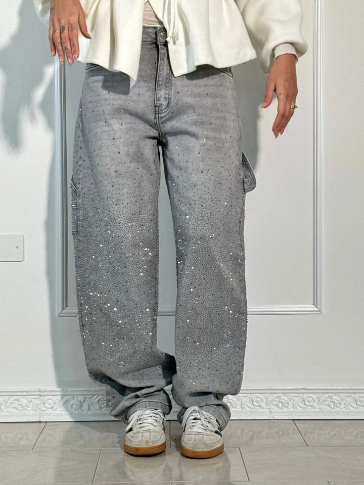 Damskie dżinsy o wysokim stanie i prostych nogawkach z kryształowymi detalami – Vintage Denim Look na każdą porę roku i bezwysiłkową elegancję