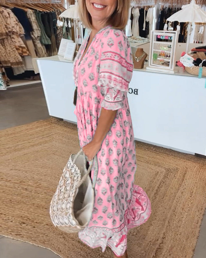 Kobieta Sukienka Maxi z Wydrukiem w Stylu Boho z Dekoltem w Serek