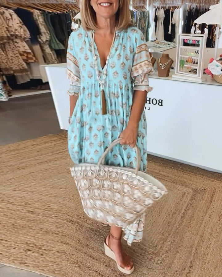 Kobieta Sukienka Maxi z Wydrukiem w Stylu Boho z Dekoltem w Serek