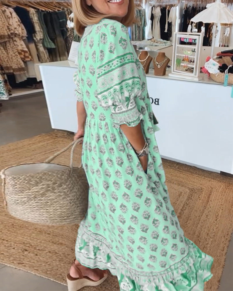 Kobieta Sukienka Maxi z Wydrukiem w Stylu Boho z Dekoltem w Serek