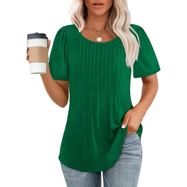 Kobieta T-shirt z plisowanym przodem i krótkim rękawem, okrągły dekolt