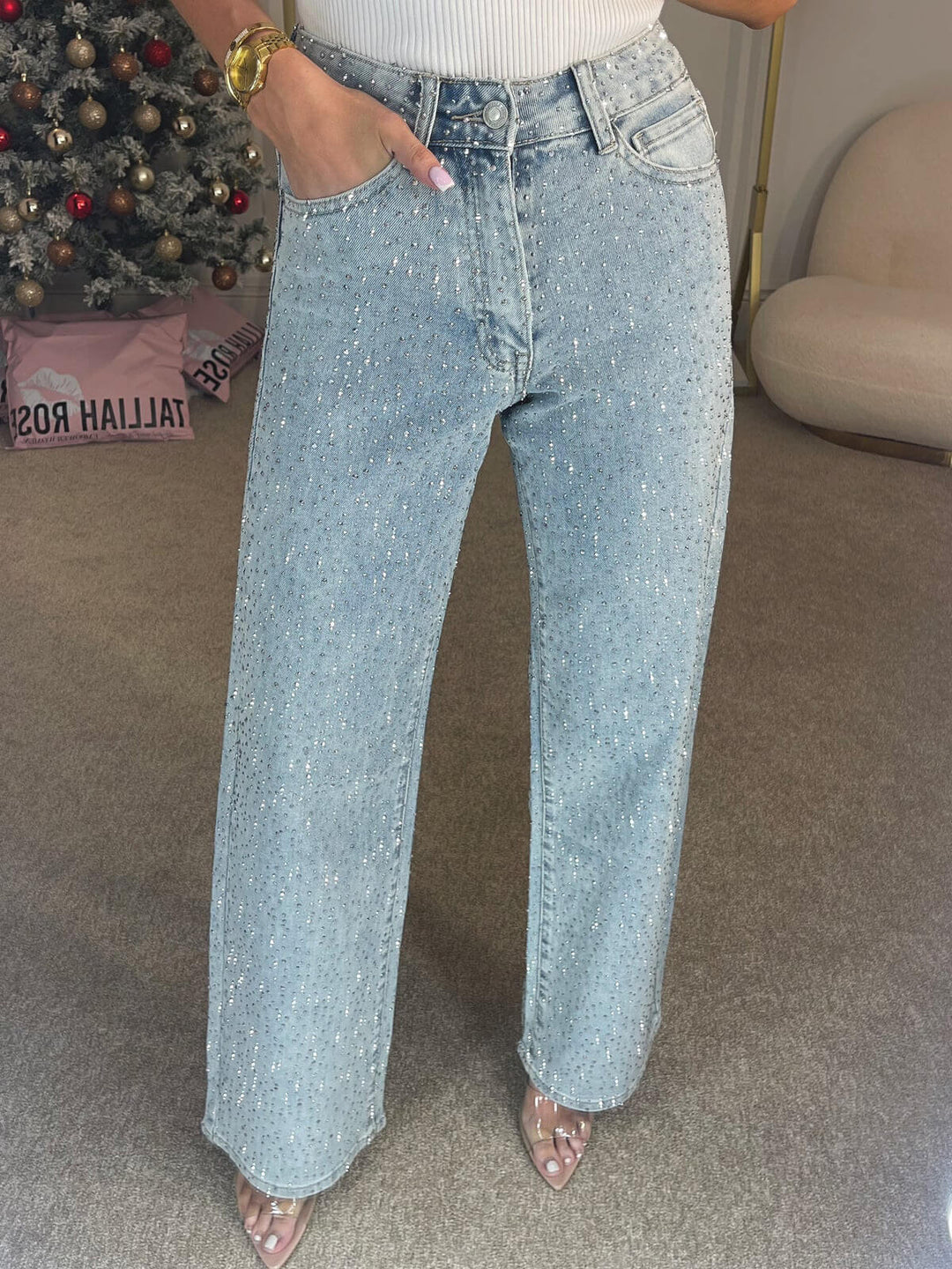 Damskie Dżinsy Wide Leg z Efektem Blasku