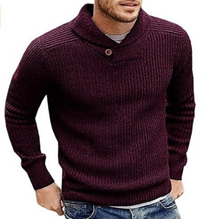 Męski sweter z żebrowanym kołnierzem szalowym z detalem guzika