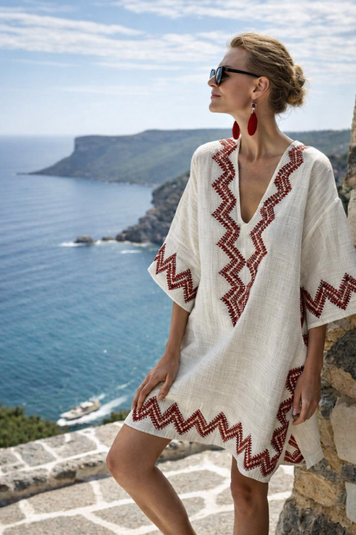 Kobiece Mini Sukienka Kaftan z Wydrukiem w Serek