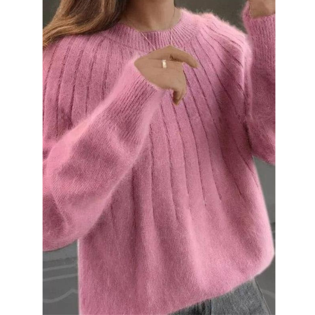 Kobiety Miękki Sweter z Prążkowanej Dzianiny – Luźny Styl z Okrągłym Dekoltem na Jesień i Zimę