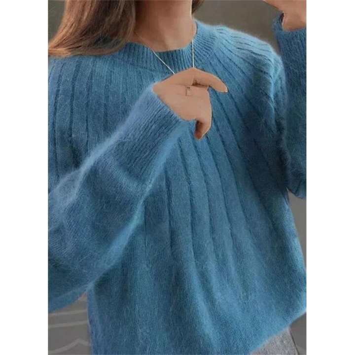 Kobiety Miękki Sweter z Prążkowanej Dzianiny – Luźny Styl z Okrągłym Dekoltem na Jesień i Zimę