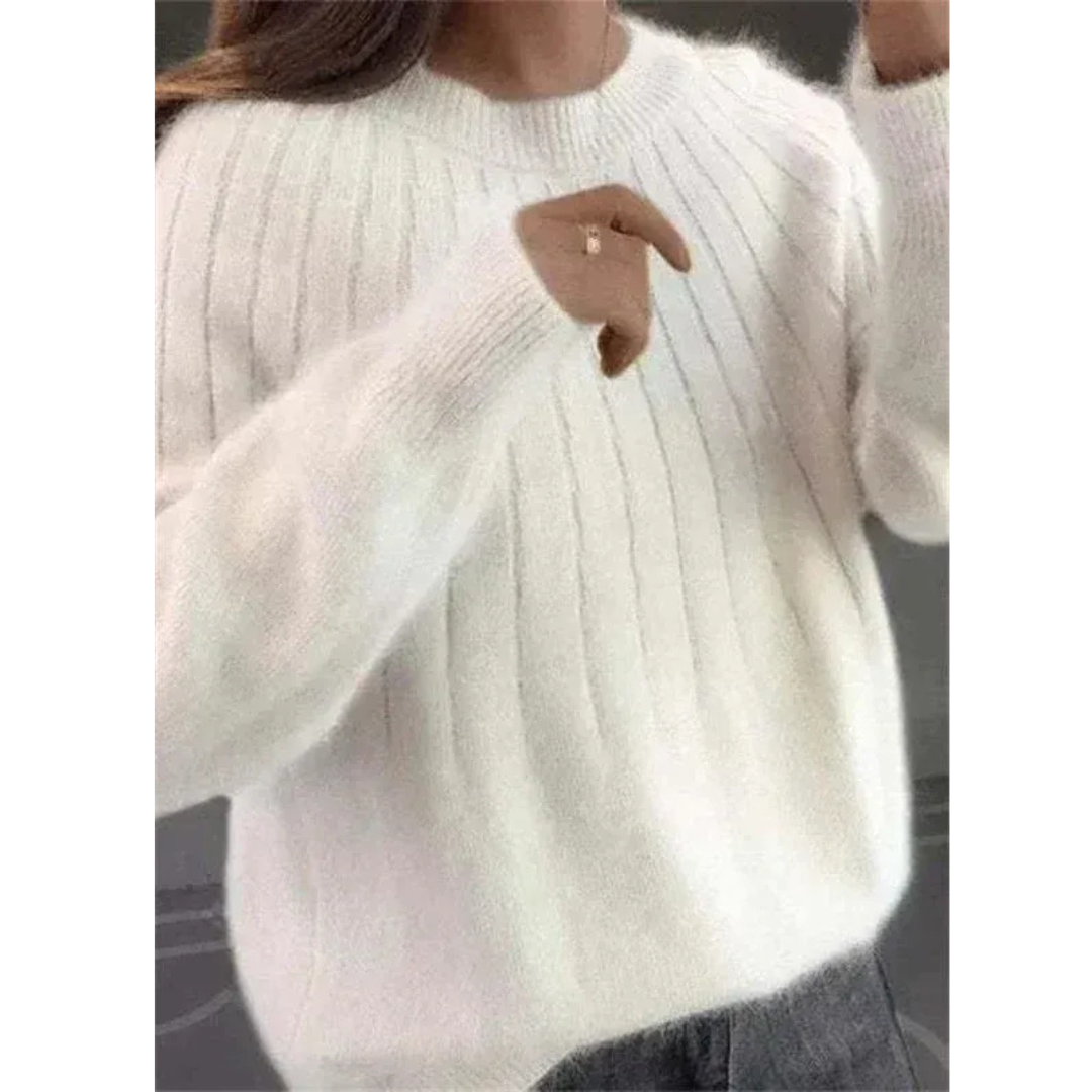 Kobiety Miękki Sweter z Prążkowanej Dzianiny – Luźny Styl z Okrągłym Dekoltem na Jesień i Zimę