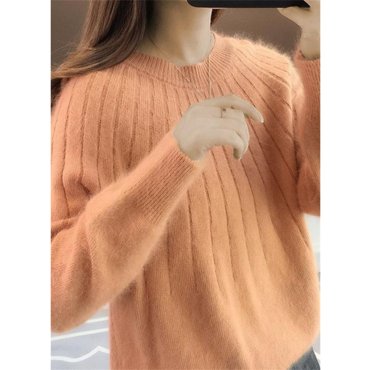 Kobiety Miękki Sweter z Prążkowanej Dzianiny – Luźny Styl z Okrągłym Dekoltem na Jesień i Zimę