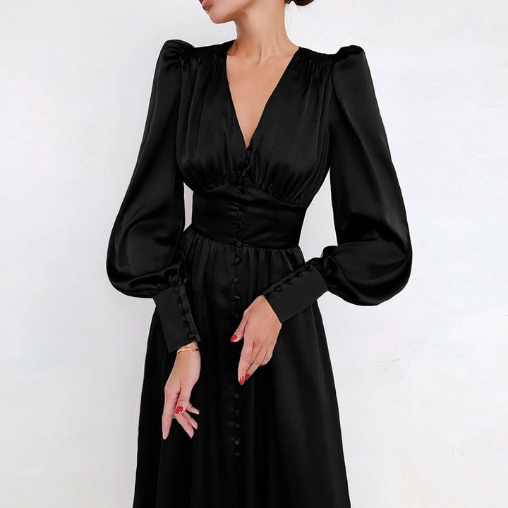 Elegancka Midi Sukienka z Guzikami i Zgromadzonymi Rękawami