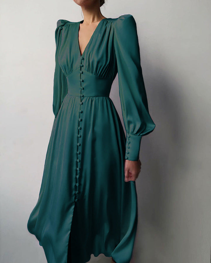 Elegancka Midi Sukienka z Guzikami i Zgromadzonymi Rękawami