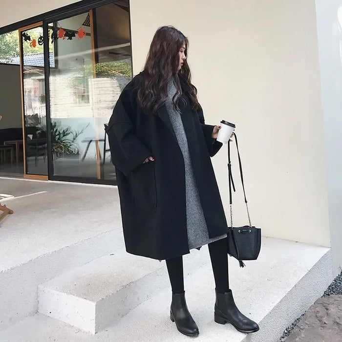 Damski płaszcz trench z mieszanki wełny w oversize – Luźna warstwa długiej długości do smart casual