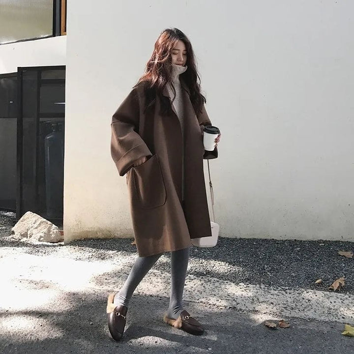 Damski płaszcz trench z mieszanki wełny w oversize – Luźna warstwa długiej długości do smart casual