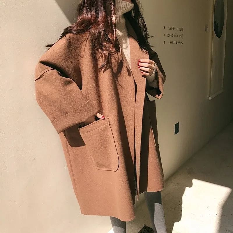 Damski płaszcz trench z mieszanki wełny w oversize – Luźna warstwa długiej długości do smart casual