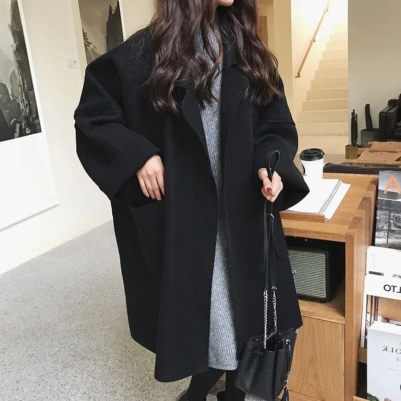 Damski płaszcz trench z mieszanki wełny w oversize – Luźna warstwa długiej długości do smart casual