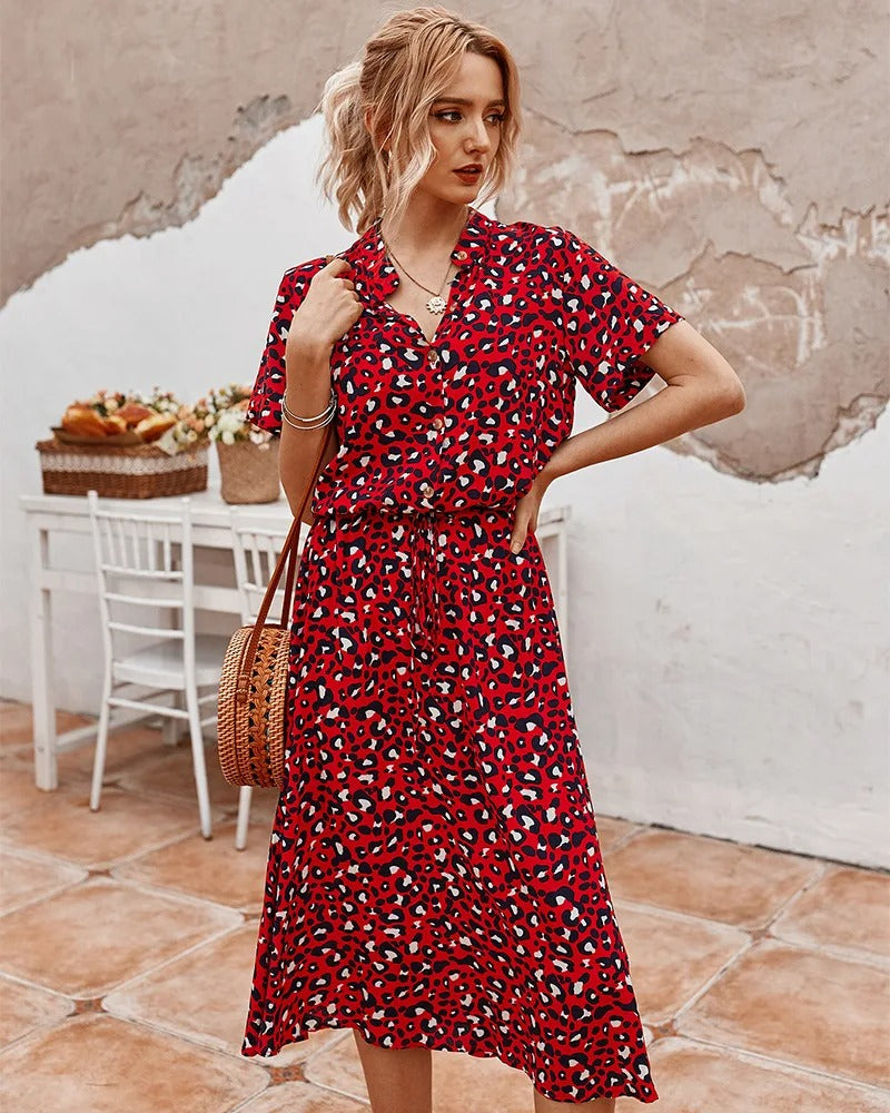 Damska Midi Letnia Sukienka Regulowany Pas Lekka Wzorzysta Casual Elegancka Stylizacja na Wakacje
