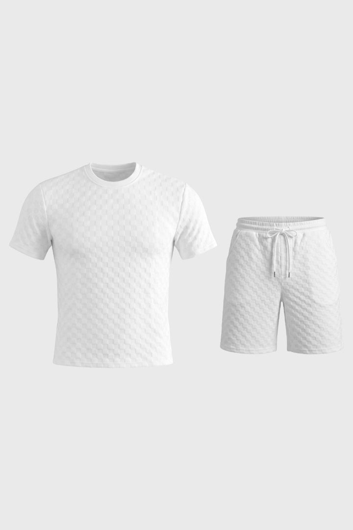Męski zestaw T-shirtów z wzorem waflowym i luźnymi szortami ze sznurkiem