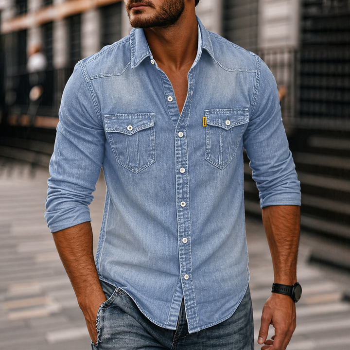 Męska Dżinsowa Koszula z Długim Rękawem – Casual Button-Up z Kieszeniami na Klatce Piersiowej do Codziennego Noszenia