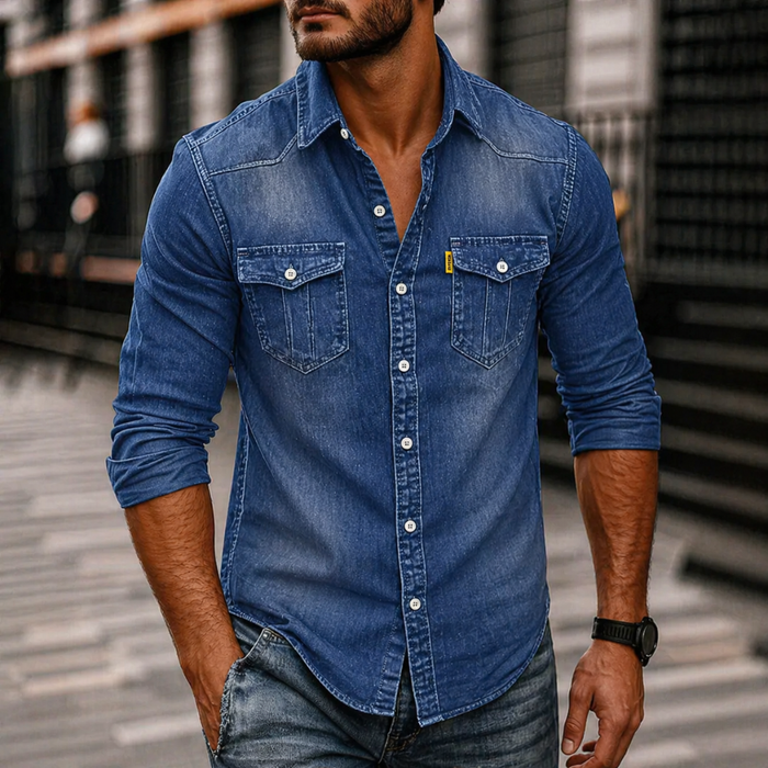 Męska Dżinsowa Koszula z Długim Rękawem – Casual Button-Up z Kieszeniami na Klatce Piersiowej do Codziennego Noszenia