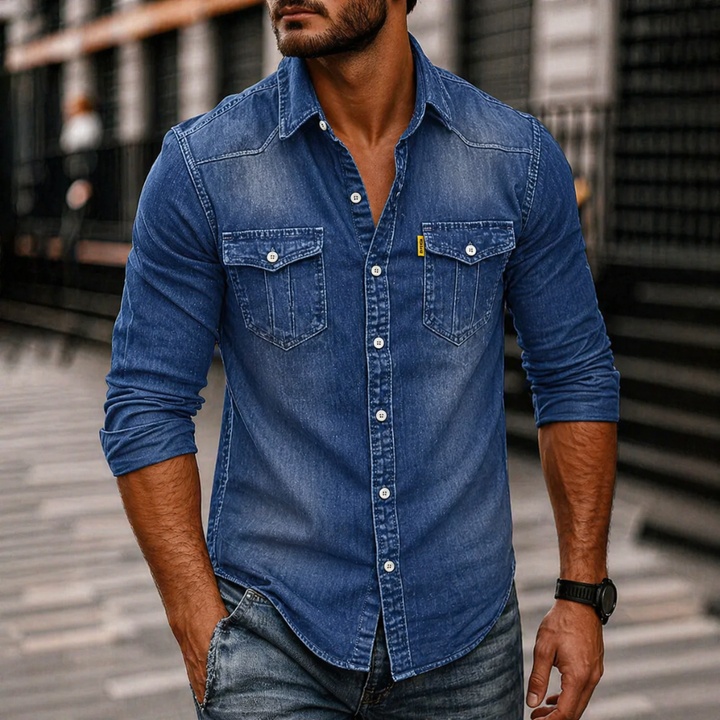 Męska Dżinsowa Koszula z Długim Rękawem – Casual Button-Up z Kieszeniami na Klatce Piersiowej do Codziennego Noszenia