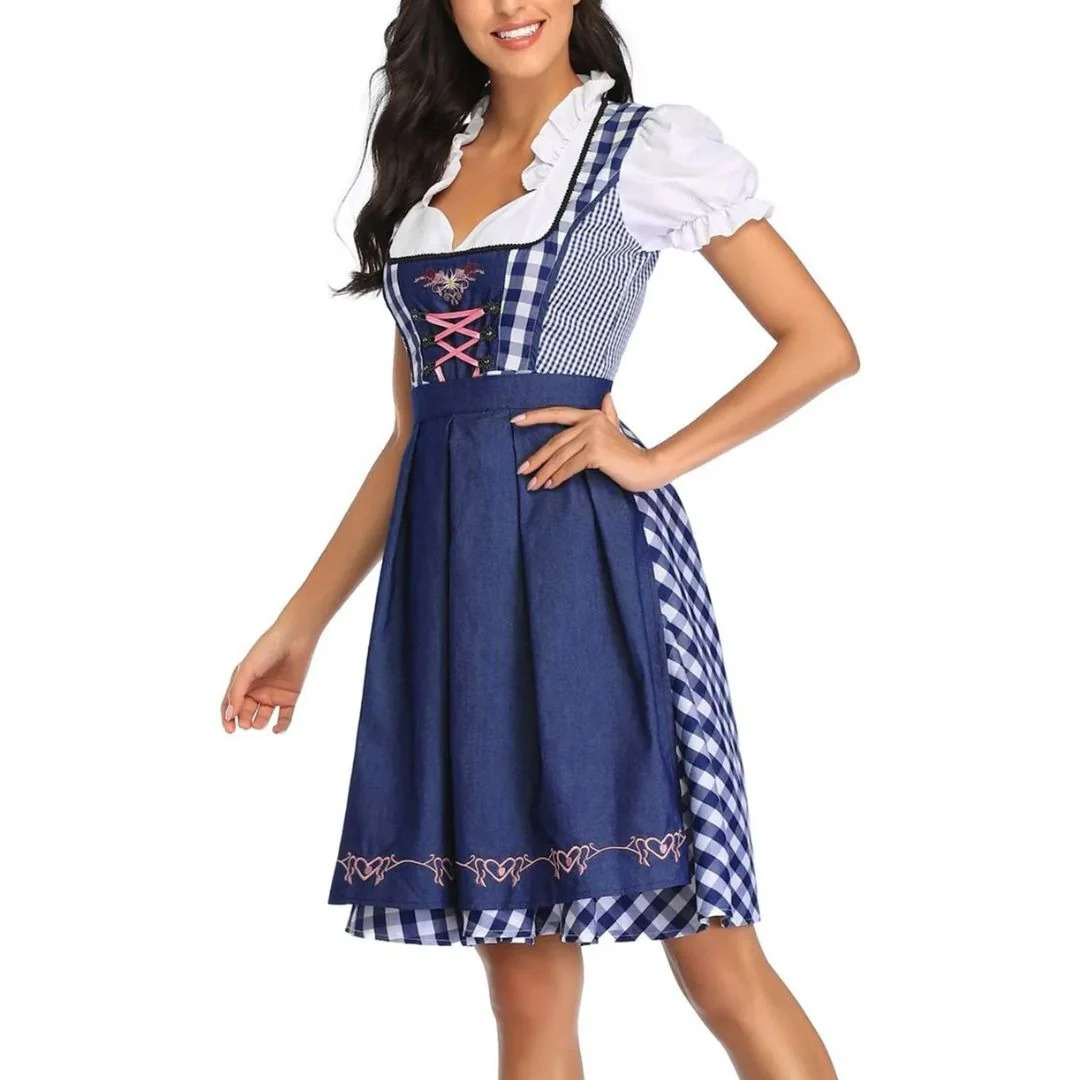 Kobiece Sukienka Dirndl w Kratę – Midi z Koronkowym Sznurowaniem na Oktoberfest z Fartuszkiem