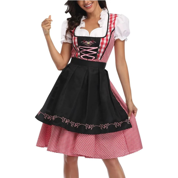 Kobiece Sukienka Dirndl w Kratę – Midi z Koronkowym Sznurowaniem na Oktoberfest z Fartuszkiem