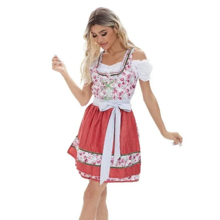 Kwiatowy Fartuch Dirndl dla Kobiet – Sukienka na Oktoberfest z Odkrytymi Ramionami na Festiwale Ludowe