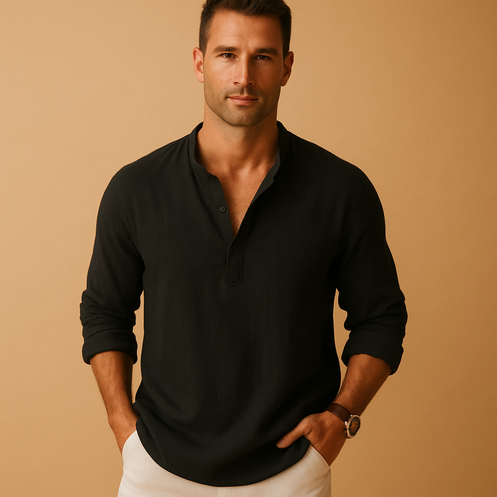 Męska koszula V-neck na lato, lekka, oddychająca, stylowa, z długim rękawem, casualowa, elegancka