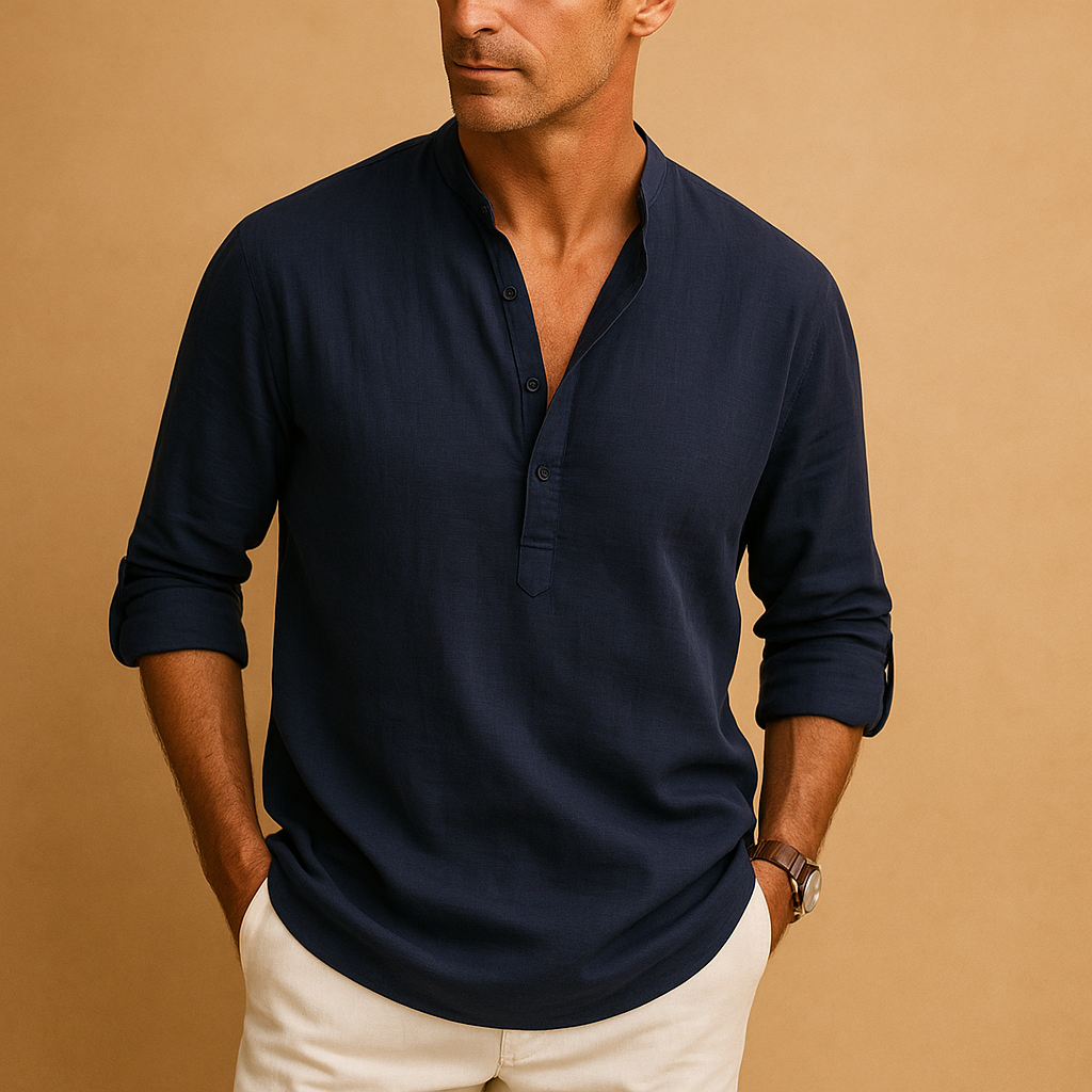 Męska koszula V-neck na lato, lekka, oddychająca, stylowa, z długim rękawem, casualowa, elegancka